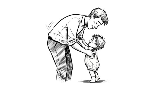 Sketch of a father teaching his young child to walk embodying the special bond between them