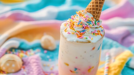 A milkshake with a waffle cone garnish and rainbow sprinkles placed on a fun beach picnic blanket