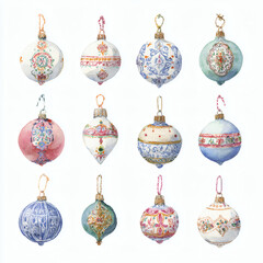 Watercolor Illustration of various red Christmas ornament balls on white background, AI generated