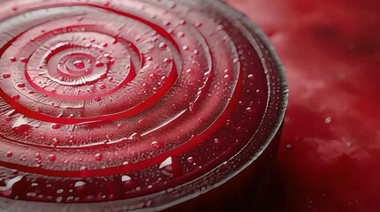A detailed macro shot of a fresh red onion slice showcasing its vibrant concentric rings and sparkling water droplets on a deep red background. - Powered by Adobe