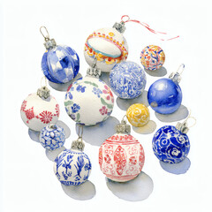 Watercolor Illustration of various red Christmas ornament balls on white background, AI generated