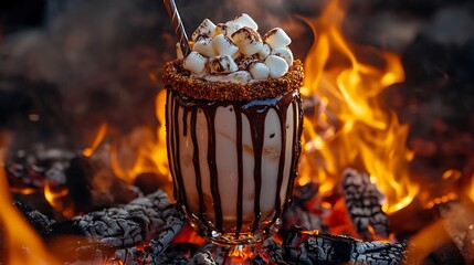A milkshake with chocolate covered rim and marshmallow topping surrounded by beach bonfire coals