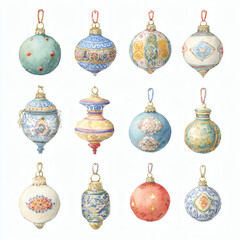 Watercolor Illustration of various red Christmas ornament balls on white background, AI generated