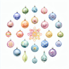 Watercolor Illustration of various red Christmas ornament balls on white background, AI generated