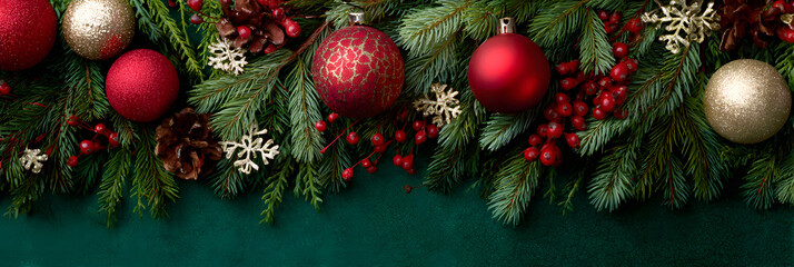 Festive border of Christmas ornaments, lush green pine branches, and winter decorations elegantly framing a rich green background.