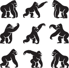 Silhouette of gorillas in different poses isolated on a white background