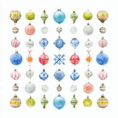 Watercolor Illustration of various red Christmas ornament balls on white background, AI generated