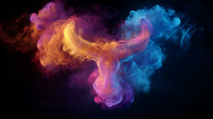 Colorful smoke cloud formation against a dark background with vibrant hues and shapes