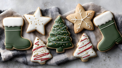 Festive cookie collection with Christmas tree shapes, star designs, and colorful boot cookies arranged for a cheerful holiday display.