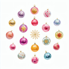 Watercolor Illustration of various red Christmas ornament balls on white background, AI generated