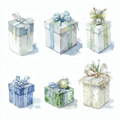 Watercolor Illustration of various red Christmas gift box on white background, AI generated