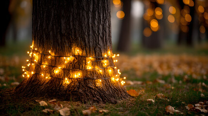Festive string lights wrapped around the base of a tree trunk, casting a warm and cheerful holiday glow.