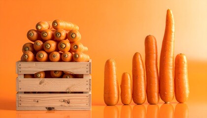 A wooden crate filled with fresh orange carrots next to a row of individual carrots of different sizes, arranged like a growth chart, on an orange background.