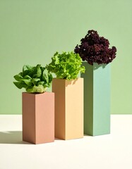 Three vibrant lettuce plants in colorful rectangular planters against a light green background, showcasing fresh produce and modern design.