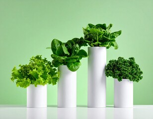 Fresh leafy green vegetables like lettuce, spinach, and kale in white pots on a table with a light green background.