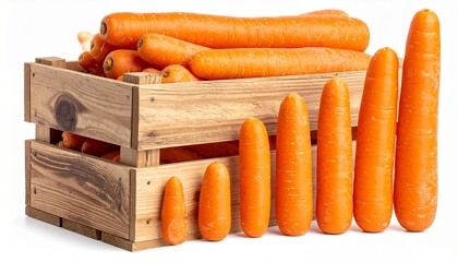Fresh orange carrots of various sizes displayed in a wooden crate and lined up on a white background.
