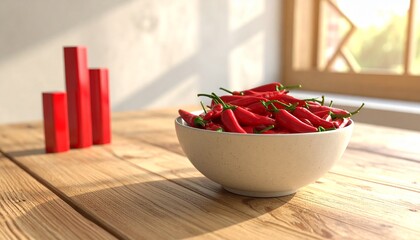 A bowl of vibrant red chili peppers sits on a wooden table next to red bar graph blocks, illuminated by sunlight from a window.