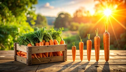 Freshly harvested carrots in a wooden crate and lined up on a rustic table under a bright sunny sky in a garden setting.