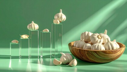 Fresh garlic bulbs and cloves arranged on clear pedestals and in a wooden bowl against a vibrant green background.