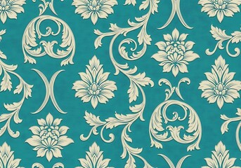 Elegant damask pattern with ornate scrolling floral motifs and decorative acanthus leaves in a rich teal blue background with a subtle textured effect perfect for vintage or classic design