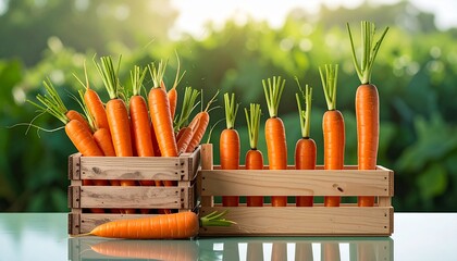 Freshly harvested carrots with vibrant green tops displayed in rustic wooden crates outdoors.