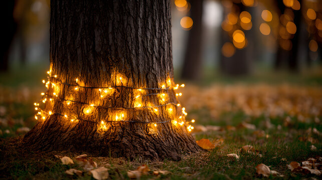 Festive string lights wrapped around the base of a tree trunk, casting a warm and cheerful holiday glow.