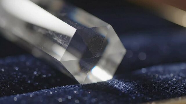 Hexagonal Crystal Prism with Subtle Sparkle on Dark Blue Velvet Surface