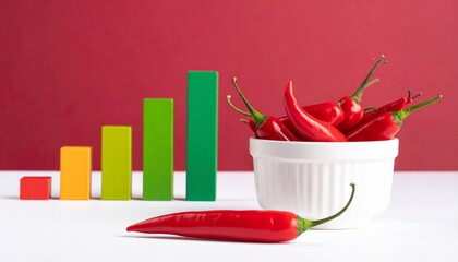 Red chili peppers in a white bowl and on a surface, with a colorful bar chart indicating growth.