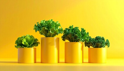 Four vibrant green leafy plants in bright yellow pots against a sunny yellow background, showcasing fresh produce.