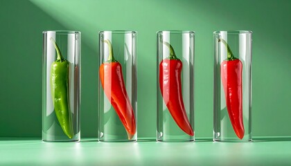 Four chili peppers, one green and three red, standing upright in clear glass tubes against a vibrant green background.