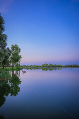 Obraz premium A lovely evening on the pond after sunset