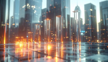 Futuristic cityscape with glowing cylindrical structures and reflective ground.