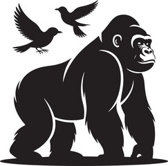Stylized gorilla with birds in silhouette vector illustration graphic art