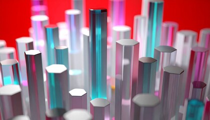 Abstract arrangement of translucent hexagonal and cylindrical rods illuminated with colorful light against a red background.