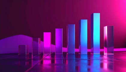 Vibrant glowing bar graph showing data growth and financial progress in a futuristic digital environment.