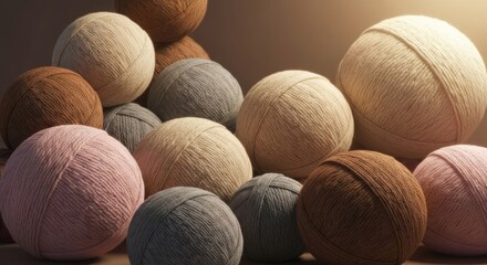 Close-up of various colored yarn balls piled together, soft lighting, neutral background