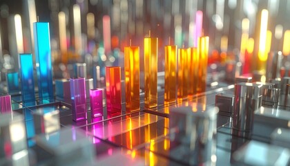 Vibrant abstract cityscape of glowing data bars on a reflective surface, representing digital information and technology.