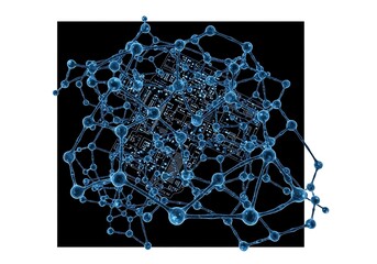 Blue network of spheres with circuit board behind