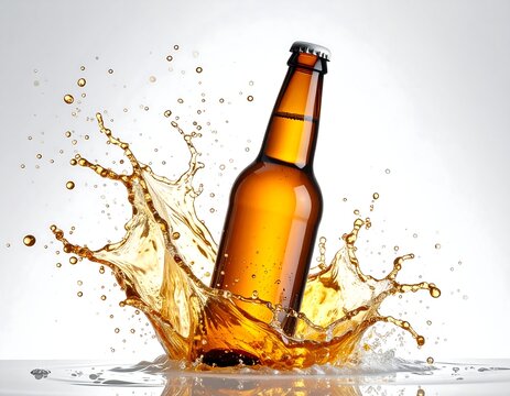 Amber bottle amidst a dynamic splash of liquid, on a clean, light background