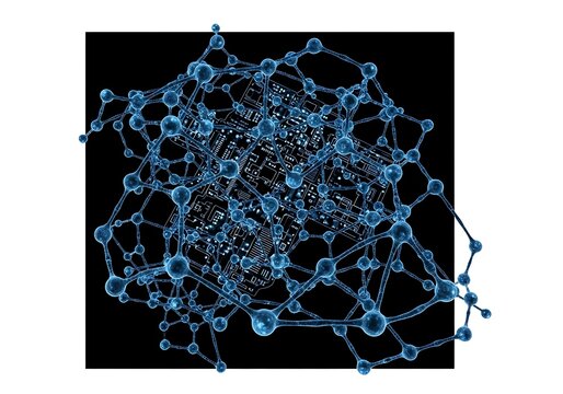 Blue network of spheres with circuit board behind