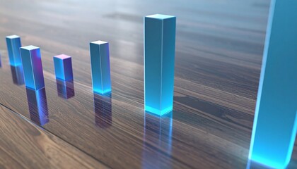 Blue translucent bar graph columns reflecting on a polished wooden surface, illustrating data visualization and growth.