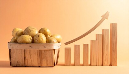 A basket of fresh potatoes next to a rising bar graph with an upward arrow, symbolizing increasing potato prices or market growth.