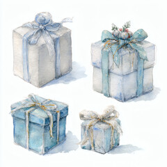 Watercolor Illustration of various red Christmas gift box on white background, AI generated