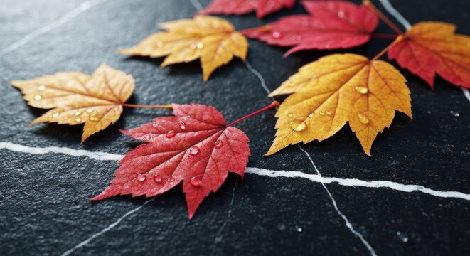 Close-up of vibrant maple leaves with water droplets on a dark, marbled surface - Powered by Adobe