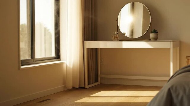 Modern Dressing Table with Oval Mirror and Decorative Items bathed in Warm Morning Sunlight Near a Window with Sheer Curtains