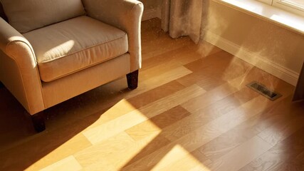 Cozy Beige Armchair Bathed In Warm Sunlight Casting Long Shadows Across A Polished Wooden Floor With Visible Dust Particles