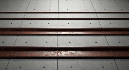 Concrete wall with horizontal rusty metal strips embedded, creating texture