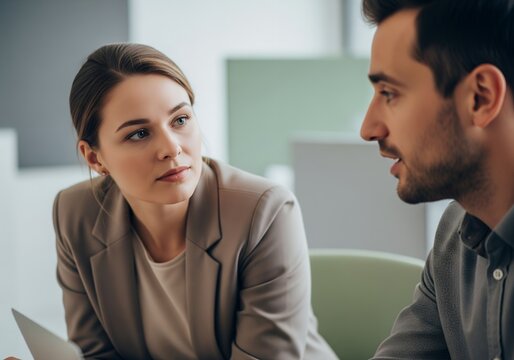 Female Professional Listening Attentively to Colleague During Office Conversation, Communication Concept