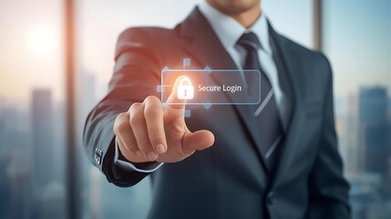 Businessman presses glowing virtual Secure Login button in office