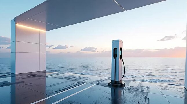 A modern electric vehicle charging station stands on a sleek platform, overlooking a vast, tranquil ocean under a clear sky, symbolizing sustainable future and clean energy.